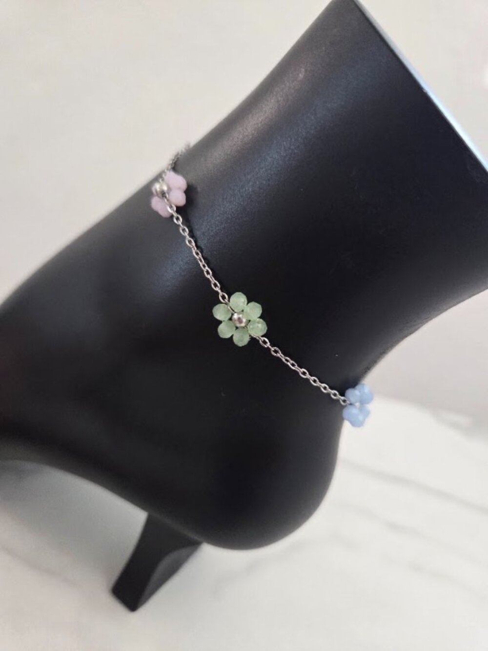 Dainty Pastel Flower Anklet Silver Tone Pink Blue Green Floral Ankle Bracelet - Picture 11 of 17